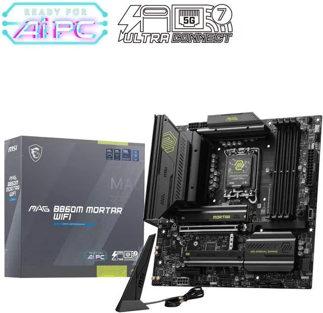 Main image of MSI MAG B860M MORTAR WIFI LGA 1851 Intel B860 SATA 6Gb/s DDR5 CI-E x16 slot  M.2 5Gbps LAN Wi-Fi 7 Micro ATX Motherboard