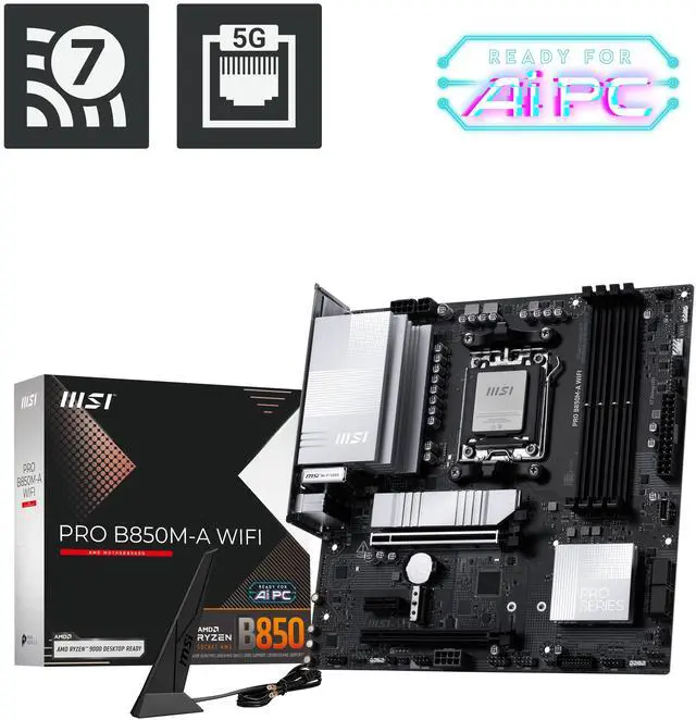 Alt view image 5 of 6 - MSI PRO B850M-A WIFI AM5 , Wi-FI 7, 5G LAN, SATA 6Gbps, Bluetooth 5.4, double M.2 support,Micro ATX AMD Motherboard
