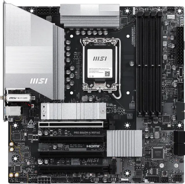 Alt view image 2 of 9 - MSI PRO B860M-A WIFI6E Motherboard, mATX - Supports Intel Core Ultra Processors (Series 2), LGA 1851 - DDR5 Memory Boost (8800+ MT/s OC), PCIe 5.0 x16 & 4.0 x4, M.2 Gen5, Wi-Fi 6E, 5G LAN