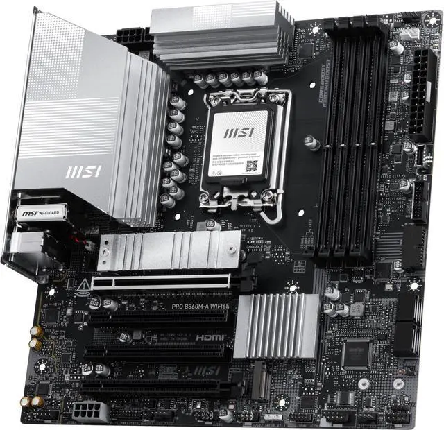 Alt view image 4 of 9 - MSI PRO B860M-A WIFI6E Motherboard, mATX - Supports Intel Core Ultra Processors (Series 2), LGA 1851 - DDR5 Memory Boost (8800+ MT/s OC), PCIe 5.0 x16 & 4.0 x4, M.2 Gen5, Wi-Fi 6E, 5G LAN