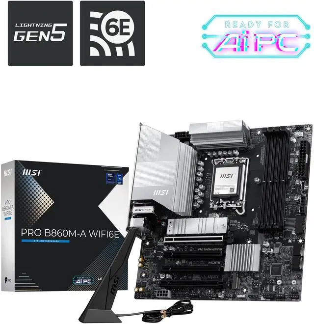 Main image of MSI PRO B860M-A WIFI6E Motherboard, mATX - Supports Intel Core Ultra Processors (Series 2), LGA 1851 - DDR5 Memory Boost (8800+ MT/s OC), PCIe 5.0 x16 & 4.0 x4, M.2 Gen5, Wi-Fi 6E, 5G LAN
