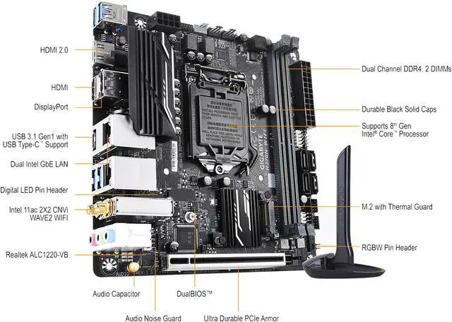 Alt view image 9 of 10 - GIGABYTE H370N WIFI LGA 1151 (300 Series) Intel H370 HDMI USB 3.1 Mini ITX Intel Motherboard