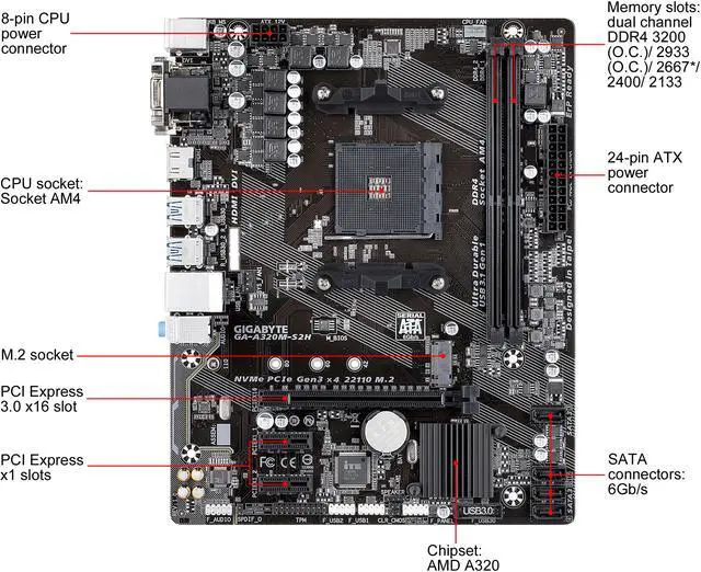 Alt view image 2 of 8 - GIGABYTE GA-A320M-S2H AM4 AMD A320 Micro ATX AMD Motherboard