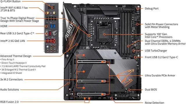 Alt view image 3 of 10 - GIGABYTE Z490 AORUS MASTER LGA 1200 Intel Z490 ATX Motherboard with Triple M.2, SATA 6Gb/s, USB 3.2 Gen 2, WIFI 6, 2.5 GbE LAN