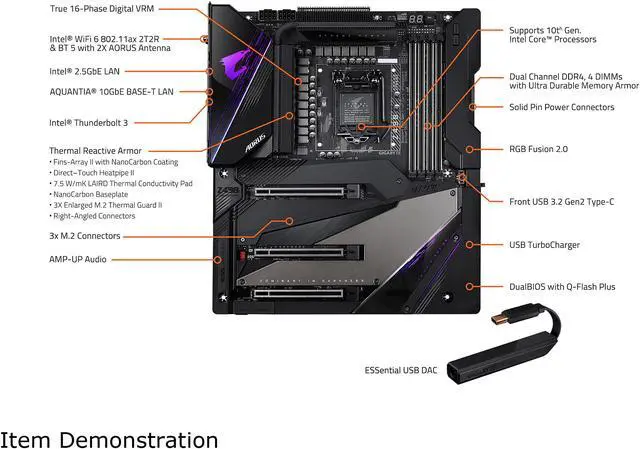 Alt view image 3 of 10 - GIGABYTE Z490 AORUS XTREME LGA 1200 Intel Z490 E-ATX Motherboard with Triple M.2, SATA 6Gb/s, USB 3.2 Gen 2, WIFI 6, 10 GbE LAN, Dual Thunderbolt 3, ESSential USB DAC