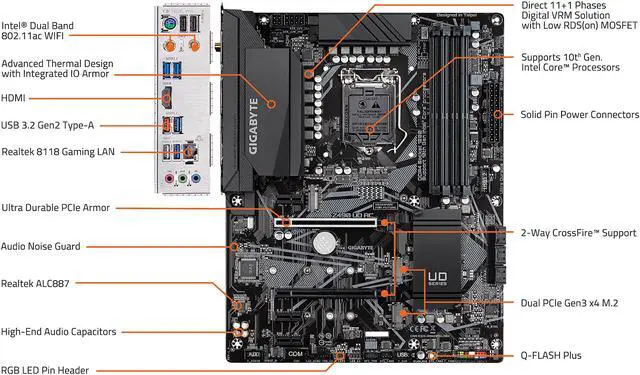 Alt view image 2 of 7 - GIGABYTE Z490 UD AC LGA 1200 Intel Z490 ATX Motherboard with Dual M.2, SATA 6Gb/s, USB 3.2 Gen 2, Intel 802.11ac