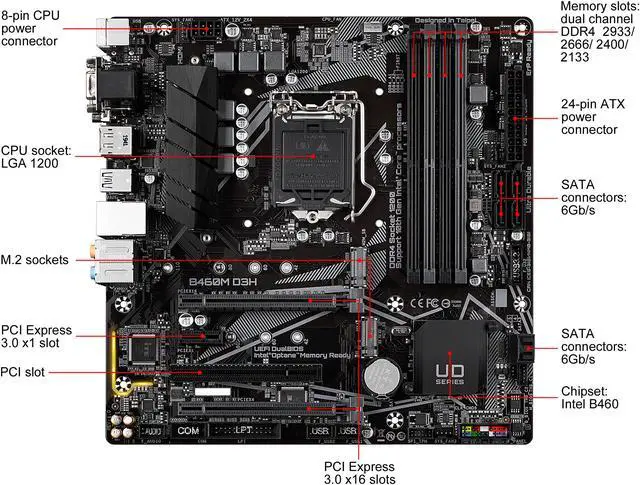 Alt view image 2 of 7 - GIGABYTE B460M D3H LGA 1200 Intel B460 Micro-ATX Motherboard with Dual M.2, SATA 6Gb/s, USB 3.2 Gen 1