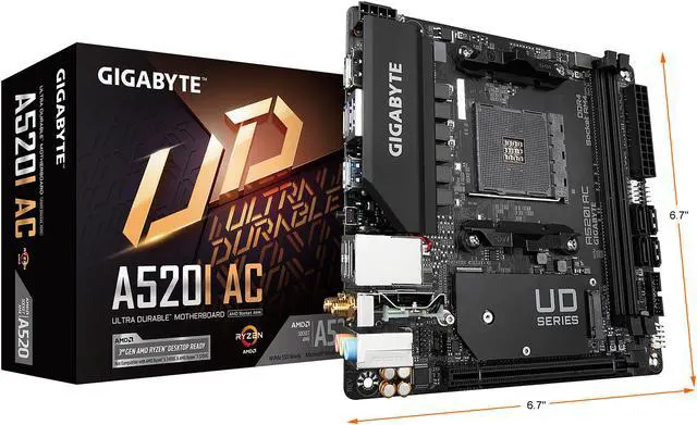 Alt view image 7 of 7 - GIGABYTE A520I AC mITX AM4 Direct 6 Phases Digital PWM with 55A DrMOS, GIGABYTE Gaming GbE LAN, Intel WiFi+Bluetooth, NVMe PCIe 3.0 x4 M.2, 3 Display Interfaces, Q-Flash Plus, RGB Fusion 2.0, Motherboard