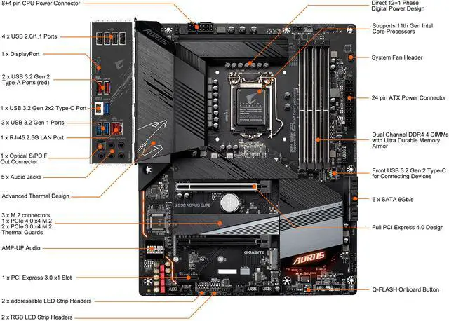 Alt view image 2 of 7 - GIGABYTE Z590 AORUS ELITE LGA 1200 Intel Z590 ATX Motherboard with Triple M.2, PCIe 4.0, USB 3.2 Gen2X2 Type-C, 2.5GbE LAN