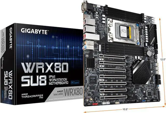 Alt view image 7 of 7 - GIGABYTE AMD WRX80 Motherboard with sWRX8 4094 Socket, 8-Channel DDR4 RDIMM 8 x DIMMs, Aspeed AST2500 BMC, Dual M.2, Dual Intel Server 10G and 1G LAN, 7 x PCIe 4.0 x16 Slots for Multi Cards - WRX80-SU8-IPMI (rev. 1.0)