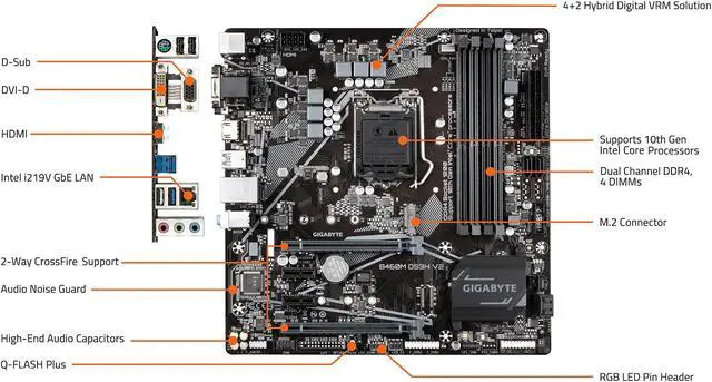 Alt view image 4 of 7 - GIGABYTE B460M DS3H V2 (rev 1.0) LGA 1200 Intel B460 Micro-ATX Motherboard with M.2, SATA 6Gb/s, USB 3.2 Gen 1