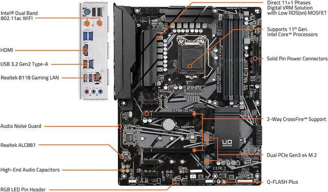 Alt view image 4 of 6 - GIGABYTE Z490 UD AC-Y1 LGA 1200 Intel Z490 ATX Motherboard with Dual M.2, SATA 6Gb/s, USB 3.2 Gen 2, Intel 802.11a/b/g/n/ac