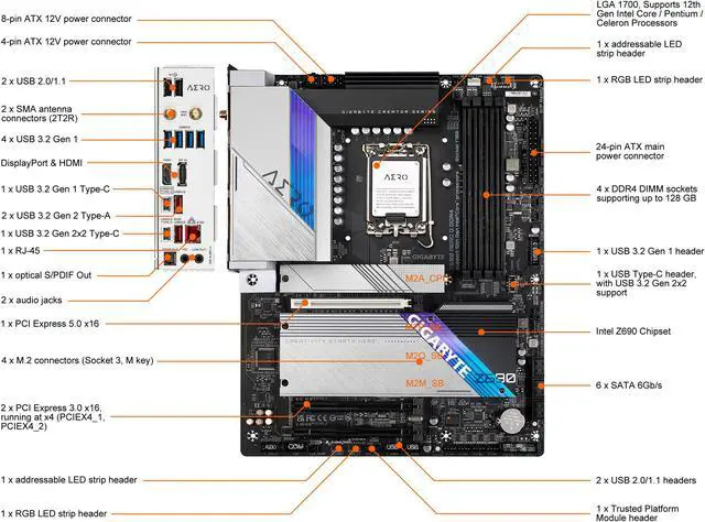 Alt view image 2 of 8 - GIGABYTE Z690 AERO G DDR4 LGA 1700 Intel Z690 ATX Motherboard with DDR4, Quad M.2, PCIe 5.0, USB 3.2 Gen2X2 Type-C, WiFi 6, Intel 2.5 GbE LAN