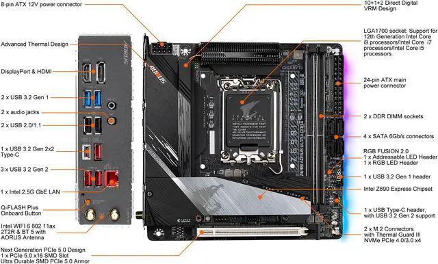 Alt view image 2 of 7 - GIGABYTE Z690I AORUS ULTRA DDR4 LGA 1700 Intel Z690 Mini-ITX Motherboard with DDR4, Dual M.2, PCIe 5.0, USB 3.2 Gen2X2 Type-C, WiFi 6, Intel 2.5 GbE LAN