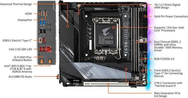 Alt view image 8 of 8 - GIGABYTE Z690I AORUS ULTRA LGA 1700 Intel Z690 Mini-ITX Motherboard with DDR5, Dual M.2, PCIe 5.0, USB 3.2 Gen 2X2 Type-C, Intel WiFi 6, Intel 2.5 GbE LAN