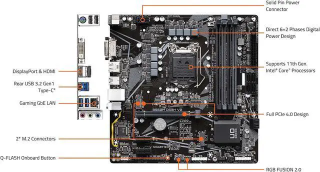 Alt view image 5 of 7 - GIGABYTE B560M DS3H V2 LGA 1200 Intel B560 Micro-ATX Motherboard with Dual M.2, PCIe 4.0, USB 3.2 Gen1, GbE LAN