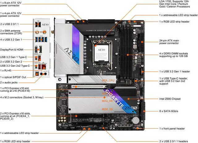 Alt view image 2 of 8 - GIGABYTE Z690 AERO G LGA 1700 Intel Z690 ATX Motherboard with DDR5, Quad M.2, PCIe 5.0, USB 3.2 Gen2X2 Type-C, WiFi 6, Intel 2.5 GbE LAN
