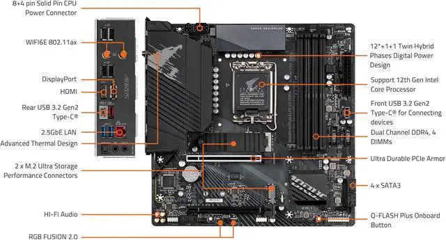Alt view image 6 of 6 - GIGABYTE B660M AORUS ELITE AX DDR4 B660 Intel LGA 1700 Micro-ATX Motherboard with DDR4, Dual M.2, PCIe 4.0, USB 3.2 Gen2 Type-C, WIFI 6E, 2.5GbE LAN