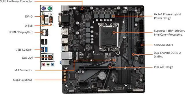 Alt view image 7 of 7 - GIGABYTE H610M S2H V2 DDR4 H610 Intel LGA 1700 Micro ATX Motherboard with DDR4, Single M.2, PCIe 4.0, USB 3.2 Gen1, Realtek 1GbE LAN