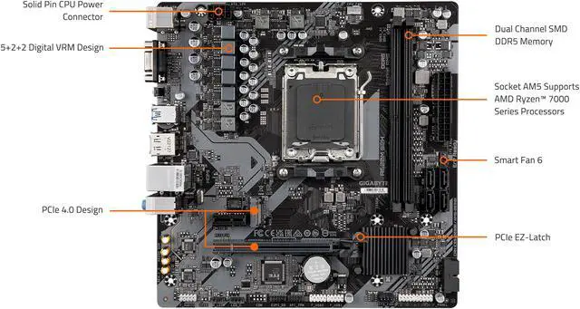 Alt view image 2 of 6 - GIGABYTE A620M S2H AM5 LGA 1718 AMD A620 M-ATX Motherboard with 3-Year Warranty, DDR5, Single M.2, PCIe 4.0, USB 3.2 Gen1, Realtek 1GbE LAN, Q-Flash Plus, PCIe EZ-Latch