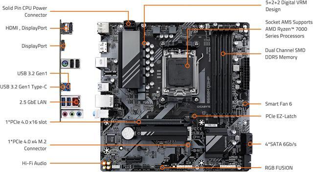 Alt view image 6 of 6 - GIGABYTE B650M D3HP AM5 LGA 1718 AMD B650 M-ATX Motherboard with 5-Year Warranty, DDR5, 2x PCIe 4.0 M.2, PCIe 4.0, USB 3.2 Gen2 Type-C, 2.5GbE LAN