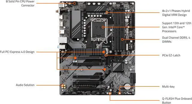 Alt view image 6 of 6 - GIGABYTE B760 DS3H AX LGA 1700 Intel B760 ATX Motherboard with DDR5, 2x M.2, PCIe 4.0, USB 3.2 Gen 2 Type-C, WiFi 6E Realtek GbE LAN, Q-Flash Plus, PCIe EZ-Latch