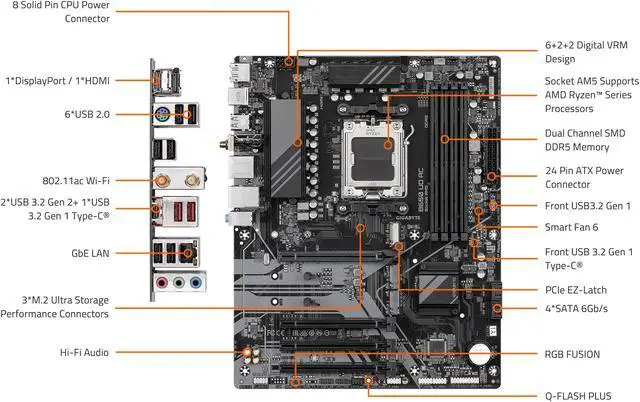 Alt view image 6 of 6 - GIGABYTE B650 UD AC (rev. 1.0) AM5 LGA 1718 AMD B650 ATX Motherboard with 5-Year Warranty, DDR5, PCIe 4.0 M.2, PCIe 4.0, USB 3.2 Gen2x2 Type-C, GbE LAN