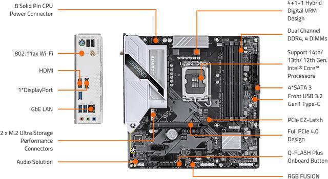 Alt view image 4 of 5 - GIGABYTE B760M GAMING PLUS WIFI DDR4 LGA 1700 Intel B760 M-ATX Motherboard with DDR4, 2* M.2, PCIe 4.0, Front USB 3.2 Gen 1 Type-C, WiFi 6 GbE LAN, Q-Flash Plus, PCIe EZ-Latch