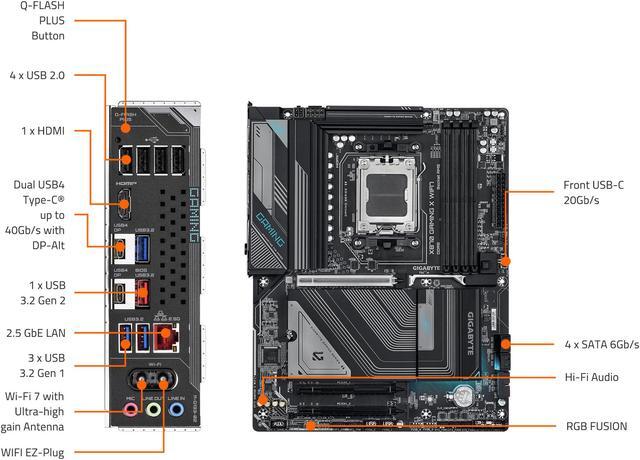 Alt view image 5 of 5 - GIGABYTE X870 GAMING X WIFI7 AM5 LGA 1718, ATX, DDR5, 4x M.2, PCIe 5.0, USB4, Wi-Fi 7, 2.5GbE LAN, EZ-Latch, 5-Year Warranty