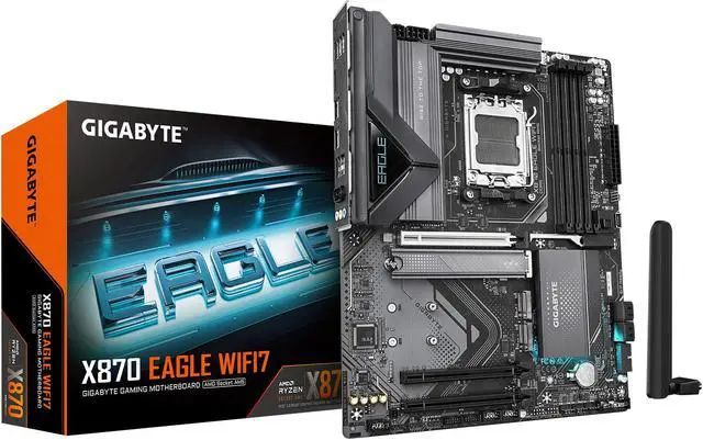 Main image of GIGABYTE X870 EAGLE WIFI7 AM5 LGA 1718, ATX, DDR5, 4 x SATA 6Gb/s,  3x M.2, PCIe 5.0, USB4, Wi-Fi 7, 2.5GbE LAN, EZ-Latch, 5-Year Warranty