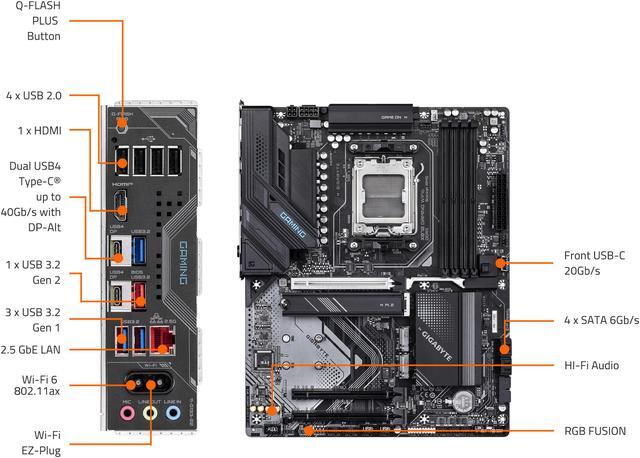 Alt view image 5 of 5 - GIGABYTE X870 GAMING WIFI6 AM5 LGA 1718, ATX, DDR5, 3x M.2, PCIe 5.0, USB4, WIFI 6, 2.5GbE LAN, EZ-Latch, 5-Year Warranty