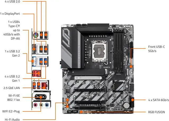 Alt view image 4 of 5 - GIGABYTE Z890 UD WIFI6E Ultra Core (Series 2) LGA 1851, ATX, DDR5, 3x M.2, PCIe 5.0, Front USB Type-C, WIFI6E, 2.5GbE LAN, EZ-Latch