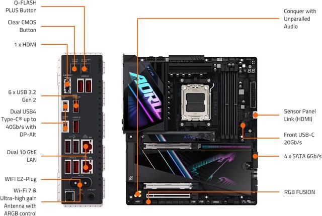 Alt view image 5 of 5 - GIGABYTE X870E AORUS XTREME AI TOP AMD AM5 LGA 1718 Motherboard, E-ATX, DDR5, 4x M.2, PCIe 5.0, USB4, WIFI7, 10GbE LAN, EZ-Latch, 5-Year Warranty