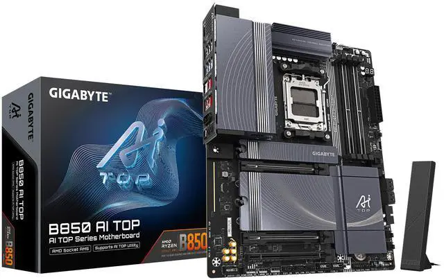 Main image of GIGABYTE B850 AI TOP AMD AM5 LGA 1718 Motherboard, ATX, DDR5, 3x M.2, PCIe 5.0, USB-C, WIFI7, 10GbE LAN, EZ-Latch