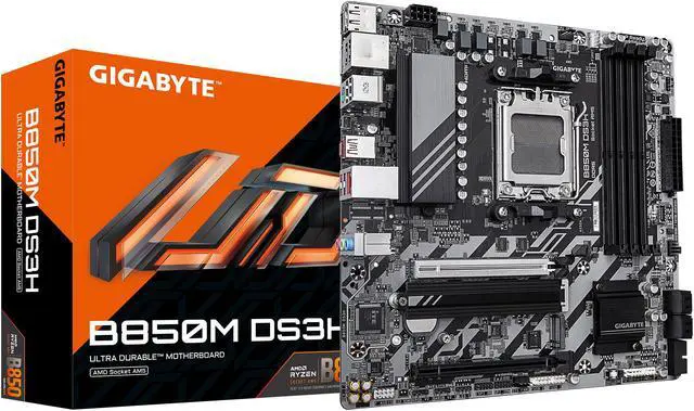 Main image of GIGABYTE B850M DS3H AMD AM5 LGA 1718 Motherboard, mATX, DDR5, 2x M.2, PCIe 5.0, USB-C, 2.5GbE LAN, EZ-Latch, 5-Year Warranty