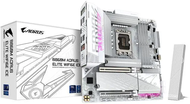 Main image of GIGABYTE B860M AORUS ELITE WIFI6E ICE Intel Core Ultra (Series 2) LGA 1851 Motherboard, mATX, DDR5, 3x M.2, PCIe 5.0, USB-C, WIFI6E, 2.5GbE LAN, EZ-Latch