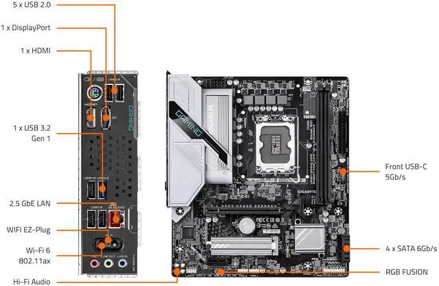 Alt view image 5 of 5 - GIGABYTE H810M GAMING WIFI6 Intel Core Ultra (Series 2) LGA 1851 Motherboard, mATX, DDR5, 1x M.2, PCIe 5.0, USB-C, WIFI6, 2.5GbE LAN, EZ-Latch