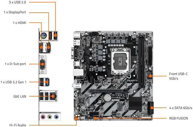 Alt view image 5 of 5 - GIGABYTE H810M S2H Intel Core Ultra (Series 2) LGA 1851 Motherboard, mATX, DDR5, 1x M.2, PCIe 4.0, USB 3.2 Gen1, 1GbE LAN, EZ-Latch