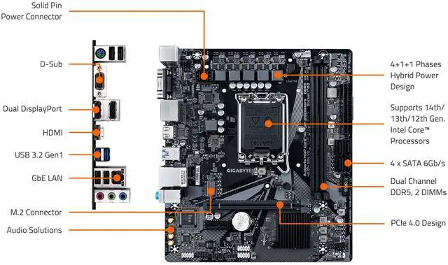 Alt view image 5 of 5 - GIGABYTE H610M S2H V2 Motherboard, Supports 14th/13th/12th Gen Intel Core Processors (LGA 1700), mATX, DDR5, 1x M.2, PCIe 4.0, USB-C, HDMI, 2x DisplayPort, D-Sub, 1GbE LAN