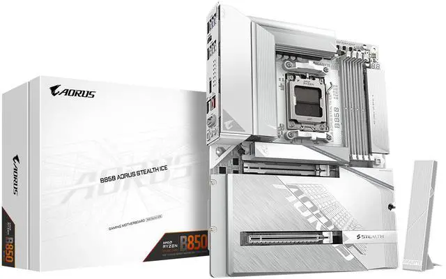Main image of GIGABYTE B850 AORUS STEALTH ICE AMD AM5 Motherboard, ATX, DDR5, 4x M.2, PCIe 5.0, USB-C, WIFI7, 5GbE LAN, EZ-Latch,
