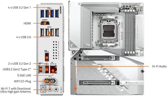 Alt view image 7 of 7 - GIGABYTE B850 AORUS STEALTH ICE AMD AM5 Motherboard, ATX, DDR5, 4x M.2, PCIe 5.0, USB-C, WIFI7, 5GbE LAN, EZ-Latch,