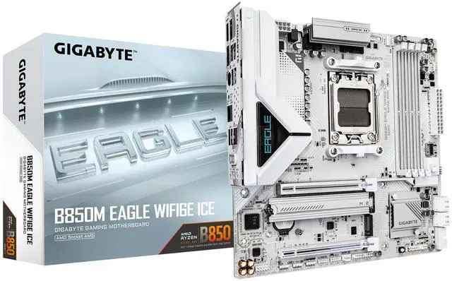 Main image of GIGABYTE B850M EAGLE WIFI6E ICE AMD AM5 Motherboard, M-ATX, DDR5, 2x M.2, PCIe 5.0, USB-C, USB 3.2 Gen 2, WIFI6E, 2.5GbE LAN, EZ-Latch, Wi-Fi EZ-Plug
