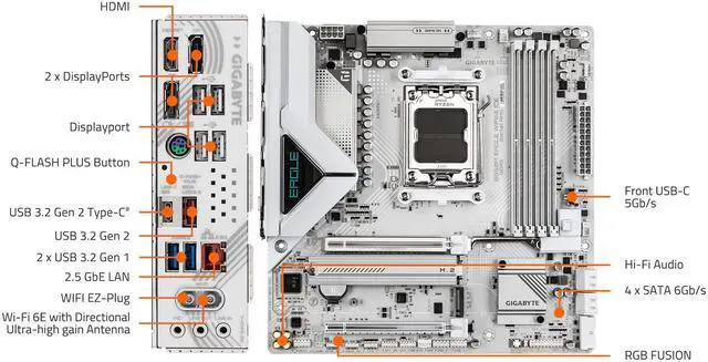 Alt view image 5 of 5 - GIGABYTE B850M EAGLE WIFI6E ICE AMD AM5 Motherboard, M-ATX, DDR5, 2x M.2, PCIe 5.0, USB-C, USB 3.2 Gen 2, WIFI6E, 2.5GbE LAN, EZ-Latch, Wi-Fi EZ-Plug