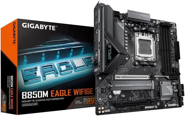 Main image of GIGABYTE B850M EAGLE WIFI6E AMD AM5 Motherboard, M-ATX, DDR5, 2x M.2, PCIe 5.0, USB-C, USB 3.2 Gen 2, WIFI6E, 2.5GbE LAN, EZ-Latch, Wi-Fi EZ-Plug