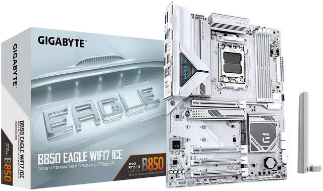 Main image of GIGABYTE B850 EAGLE WIFI7 ICE AMD AM5 LGA 1718 Motherboard, ATX, DDR5, 3x M.2, PCIe 5.0, USB-C, WIFI7, 2.5GbE LAN, EZ-Latch