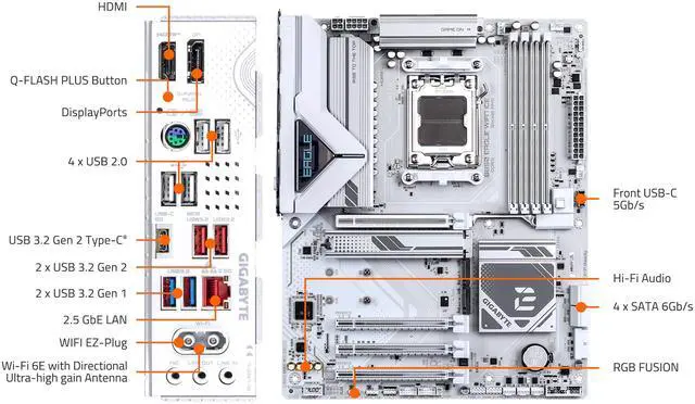 Alt view image 5 of 5 - GIGABYTE B850 EAGLE WIFI7 ICE AMD AM5 LGA 1718 Motherboard, ATX, DDR5, 3x M.2, PCIe 5.0, USB-C, WIFI7, 2.5GbE LAN, EZ-Latch