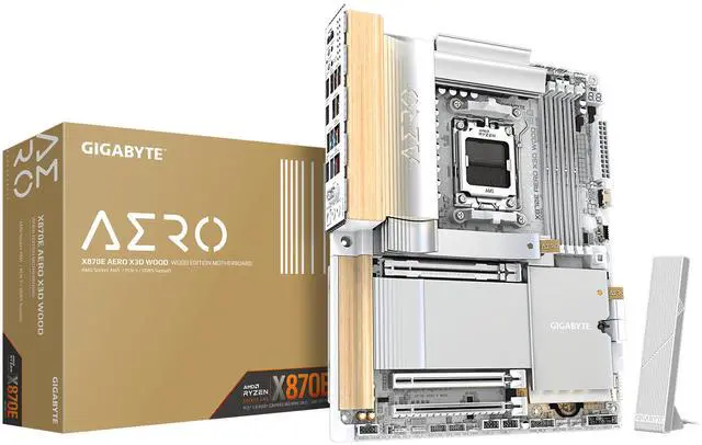 GIGABYTE X870E AERO X3D WOOD AMD AM5 LGA 1718 Motherboard, ATX, Supports AMD Ryzen 9000/8000/7000 Series Processors, DDR5, 16+2+2 Total Power Phase, 4x M.2, PCIe 5.0, USB4 Type-C, WIFI7, Dual 5 GbE LA