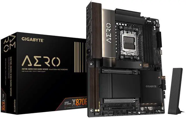 Main image of GIGABYTE X870E AERO X3D DARK WOOD AMD AM5 ATX Motherboard, Support Ryzen 9000/8000/7000 Series, DDR5, 16+2+2 Power Phase, 4x M.2, PCIe 5.0, USB4, WIFI7, Dual 5GbE, EZ-Latch, 5-Year Warranty