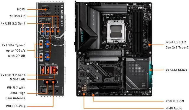 Alt view image 8 of 8 - GIGABYTE X870E EAGLE WIFI7 AMD AM5 LGA 1718 Motherboard, ATX, DDR5, 4x M.2, PCIe 5.0, USB4, WIFI7, 5GbE LAN, EZ-Latch, 5-Year Warranty