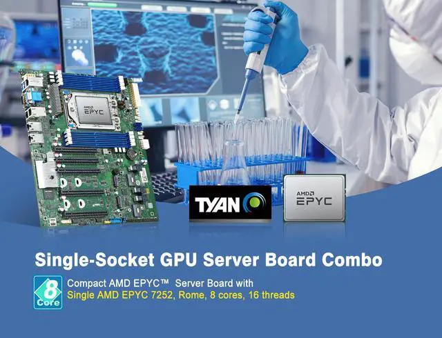 Main image of TYAN Combo Deal, S8030GM2NE ATX Server Motherboard Installed AMD EPYC 7252, 8 Cores, 16 Threads, 3.2GHz, 120W. Factory Installed/Tested/Burn-in/Shipped